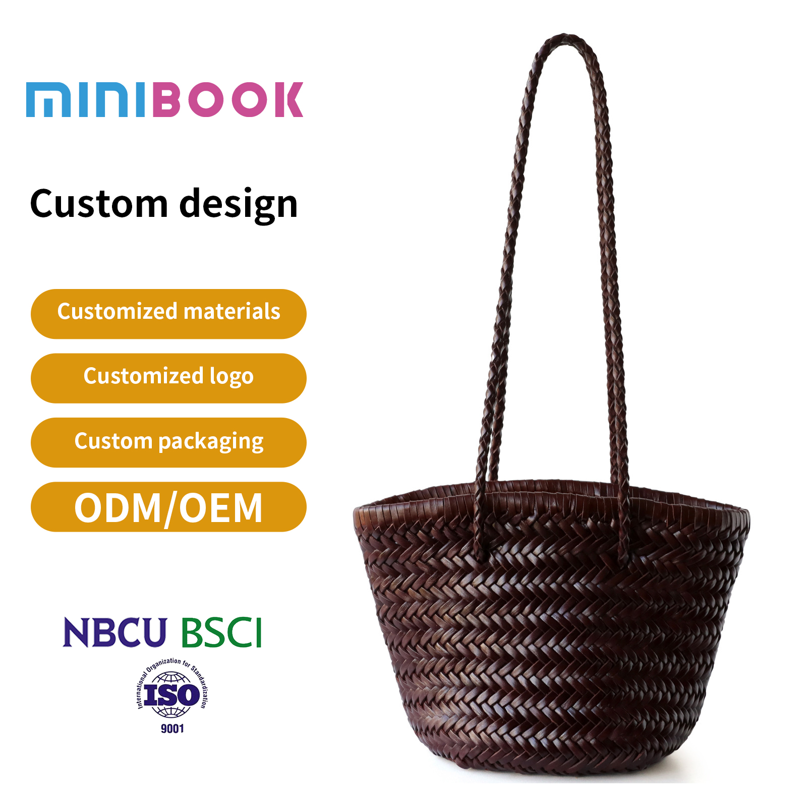 Handwoven Basket Tote – Vegan Leather/Straw, Long-Handle Shoulder Bag