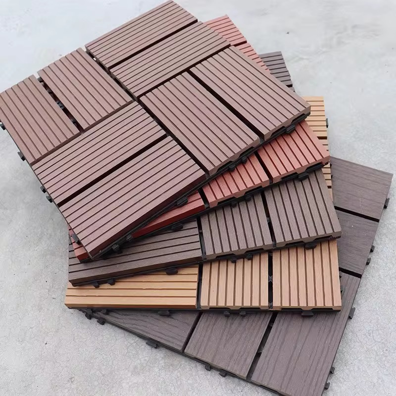 Anti-Slip WPC Interlocking Deck Tiles – Waterproof Composite Outdoor Flooring (Straight Stripe Design)