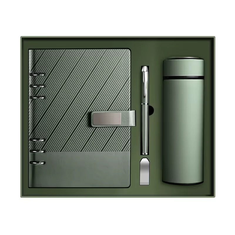 Luxury A5 PU Leather Notebook Gift Set with USB & Thermal Bottle