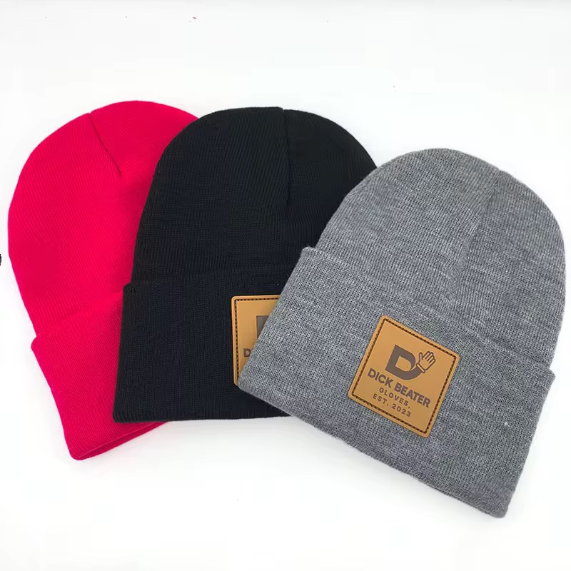 Fashion Style Custom Leather Patch Beanie – Premium Acrylic Knit Winter Hat