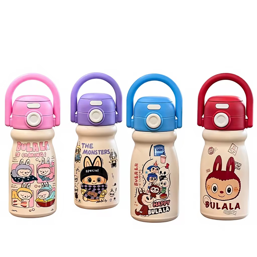 316 Stainless Steel Cartoon Vacuum Thermos Bottle with Carry Handle & Double Straw